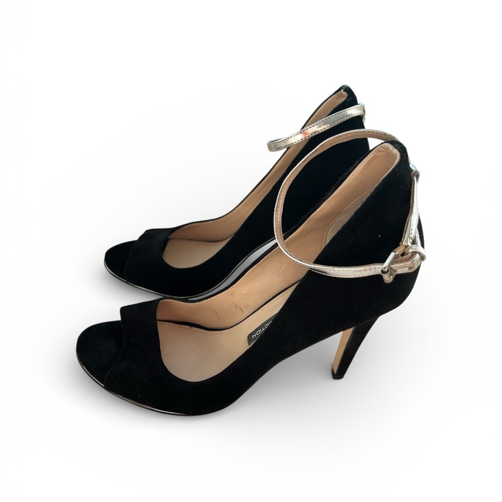 French Connection Black Suede Peep Toe Ankle Strap Stiletto Pumps
